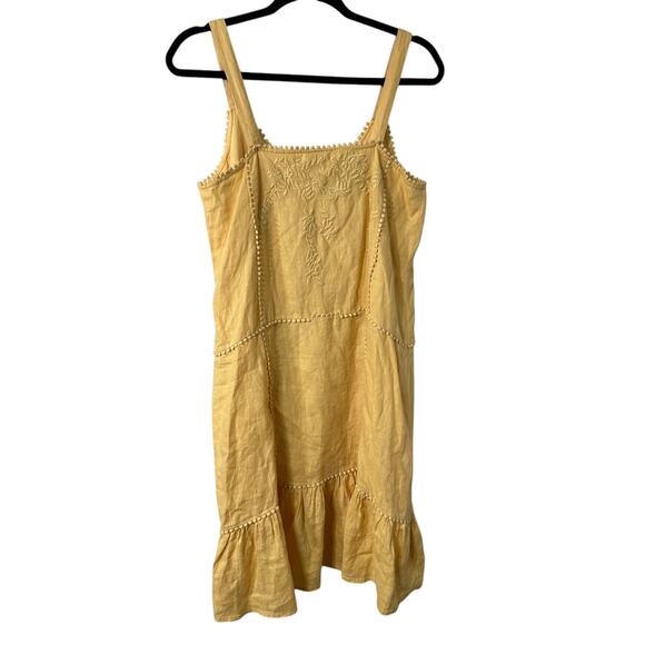 Magaschoni Linen Sundress Yellow Boho Embroidered Spaghetti Strap Cottagecore - Picture 2 of 9